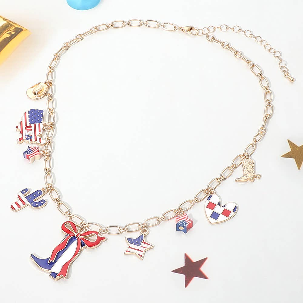 American USA Flag Western Boot Cactus Map Heart Star Charm Station Necklace