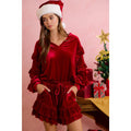 HOLIDAY VELVET RUFFLED SLEEVES V NECK TOP