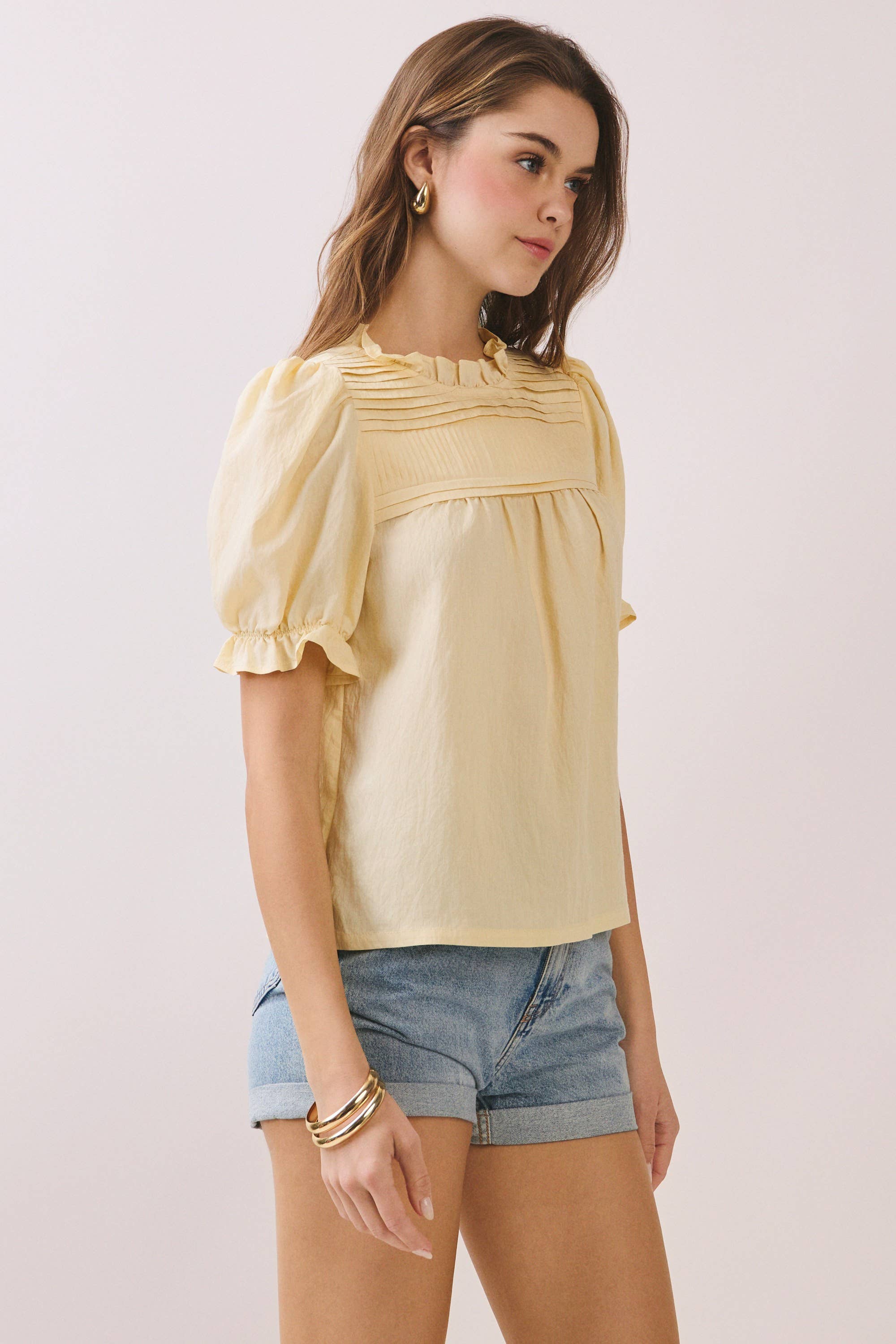 CT9787-Pleated Yoke Detail Ruffled Neckline Blouse