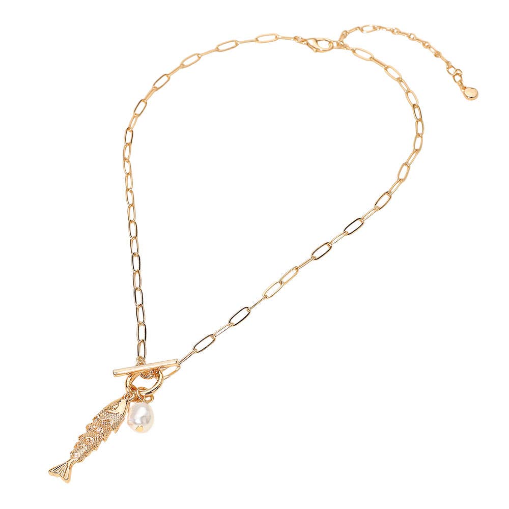 Fish Pearl Toggle Charm Pendant Necklace