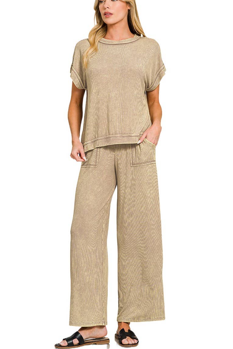 Ribbed Acid Wash Rayon Top N Pants Set