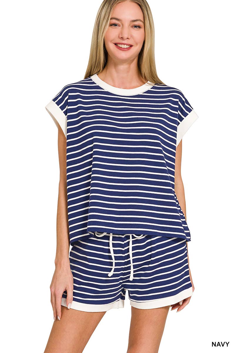 Stripe Contrast Trim Top & Shorts Set