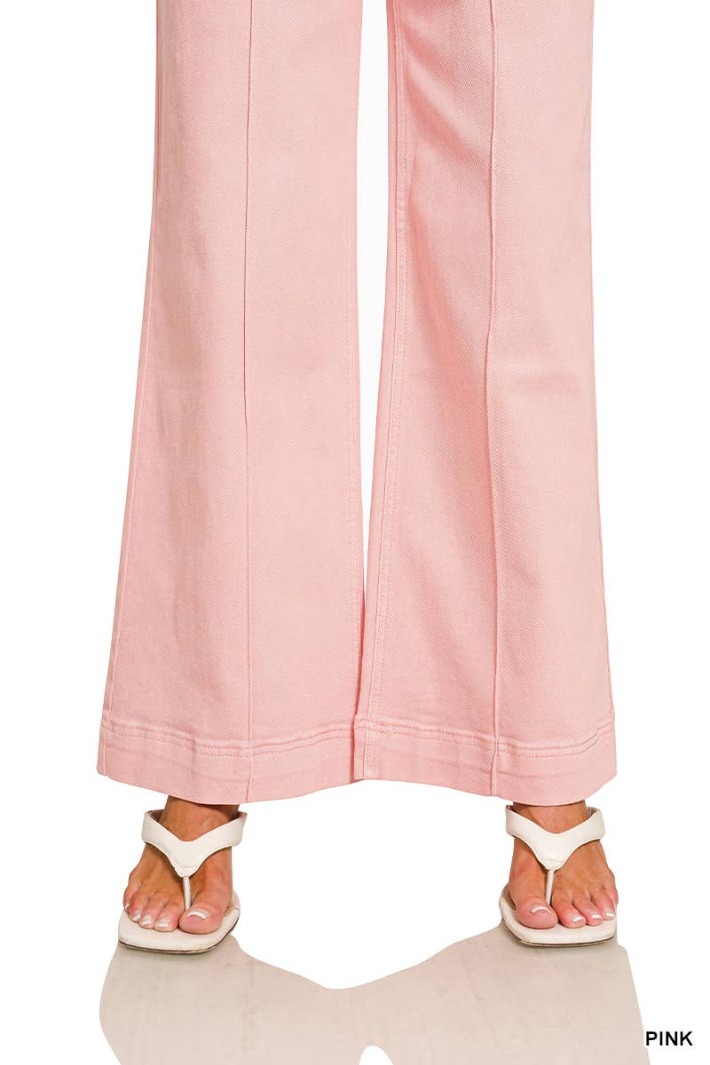 High Rise Wide Leg Pintuck Color Denim Pants