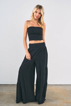 7953SET-Smocked Tube Crop Top with Wide Leg Pants Set