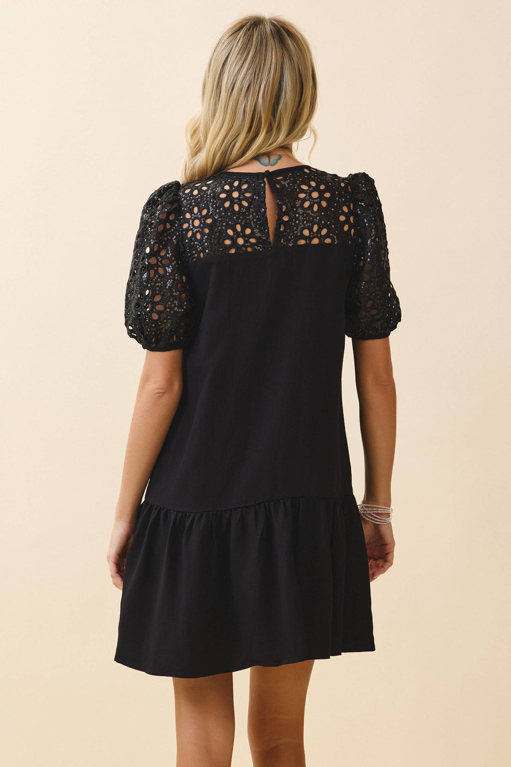 CD06531-Floral Eyelet Lace Detail Babydoll Mini Dress