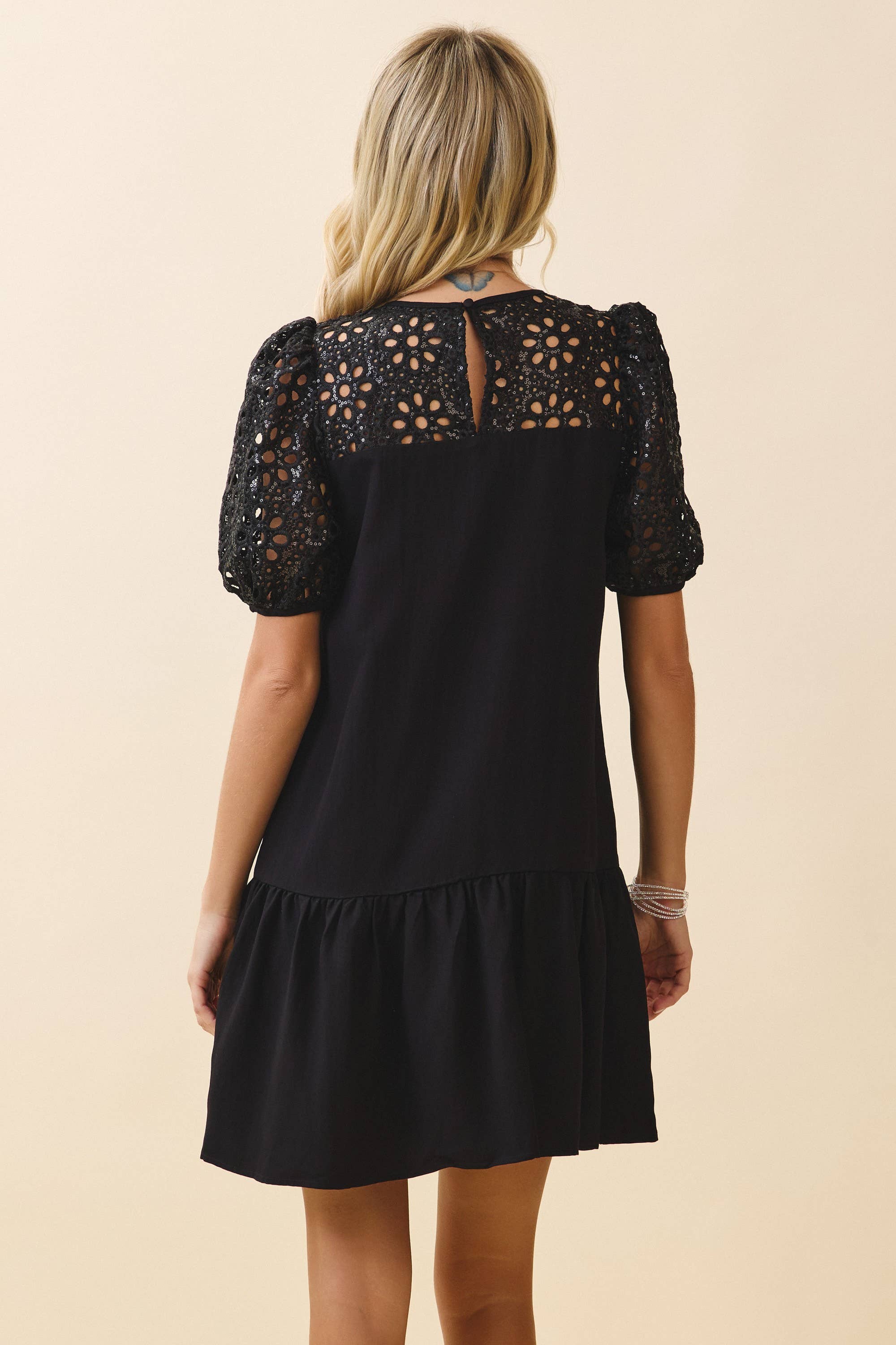 CD06531-Floral Eyelet Lace Detail Babydoll Mini Dress