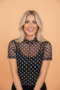 PRETTY BASH Polka Dot Sheer Mesh High Neck Tee