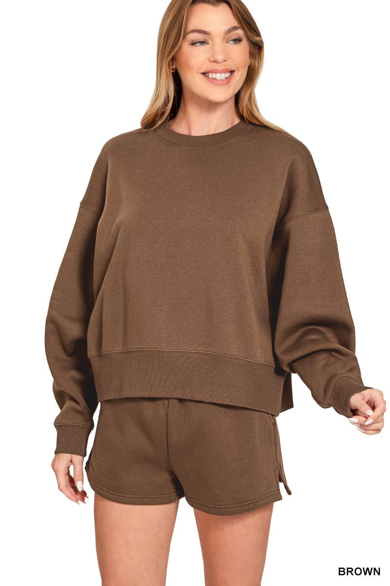 Fleece Round Neck Pullover And Shorts Set