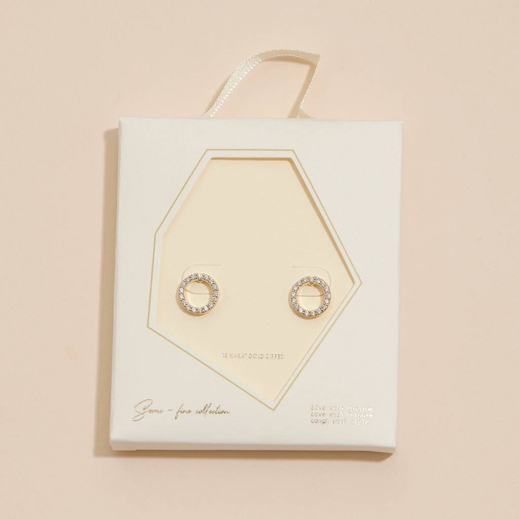 18K Gold Dipped Open Circle CZ Stud Earrings | Pavé Halo