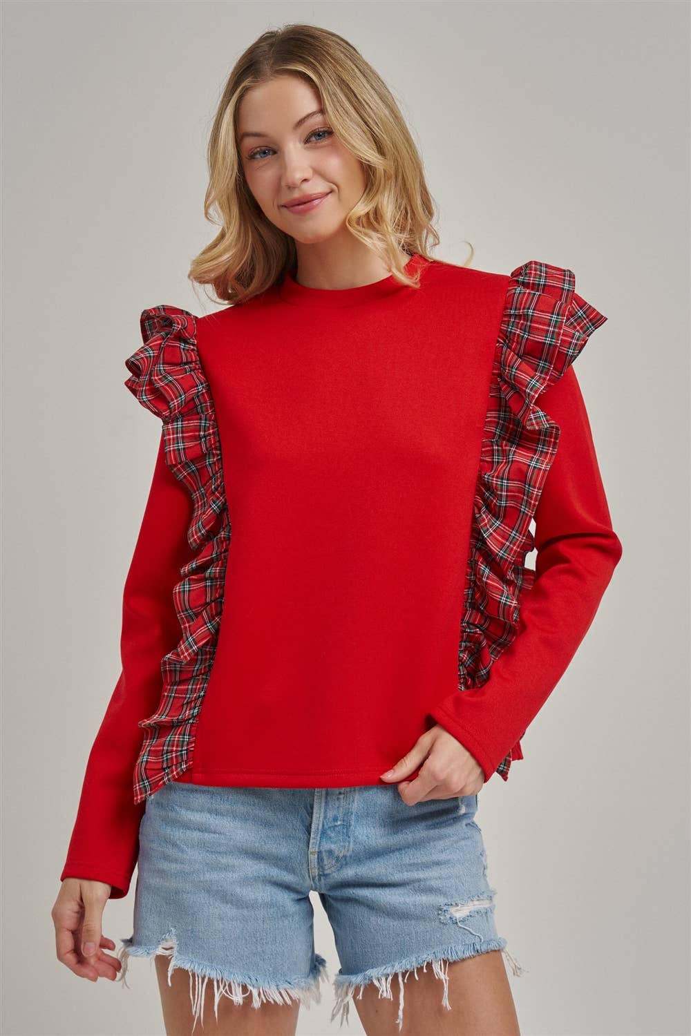 CHRISTMAS HOLIDAY BRUSHED TERRY TOP WITH PLAID_JLT00439-01