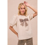 SOLID WOVEN LEOPARD MESH BOW PATCHED PUFF SLEEVES TOP-BACK K