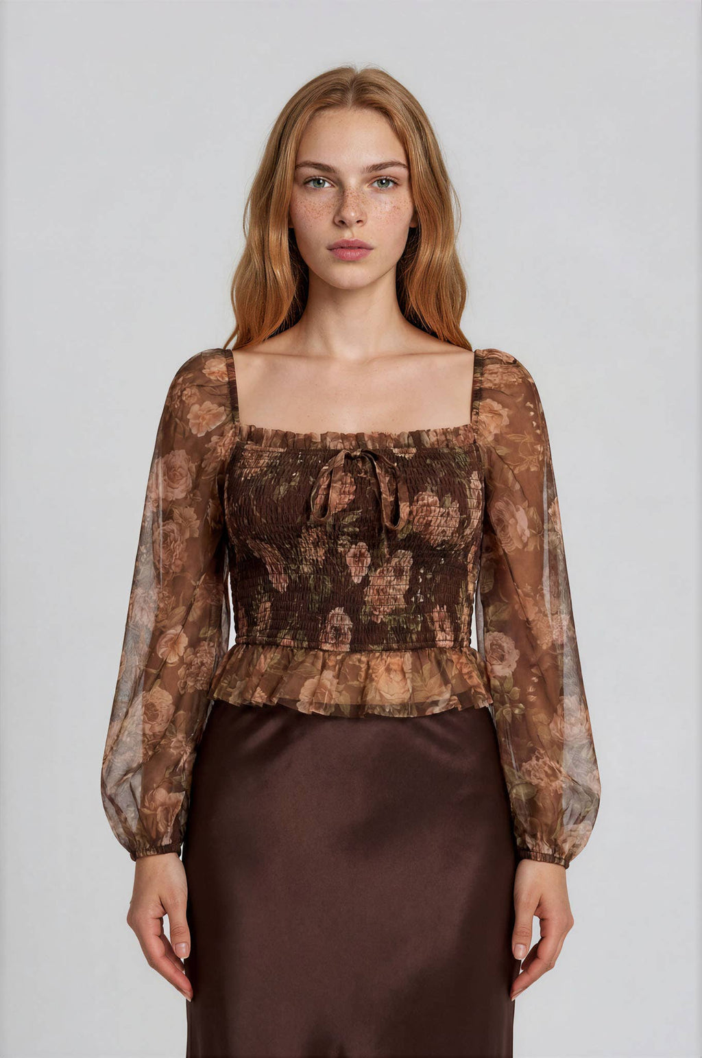 FLORAL CHIFFON SMOCKED LONG SLEEVE BLOUSE