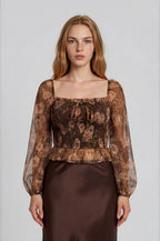 FLORAL CHIFFON SMOCKED LONG SLEEVE BLOUSE