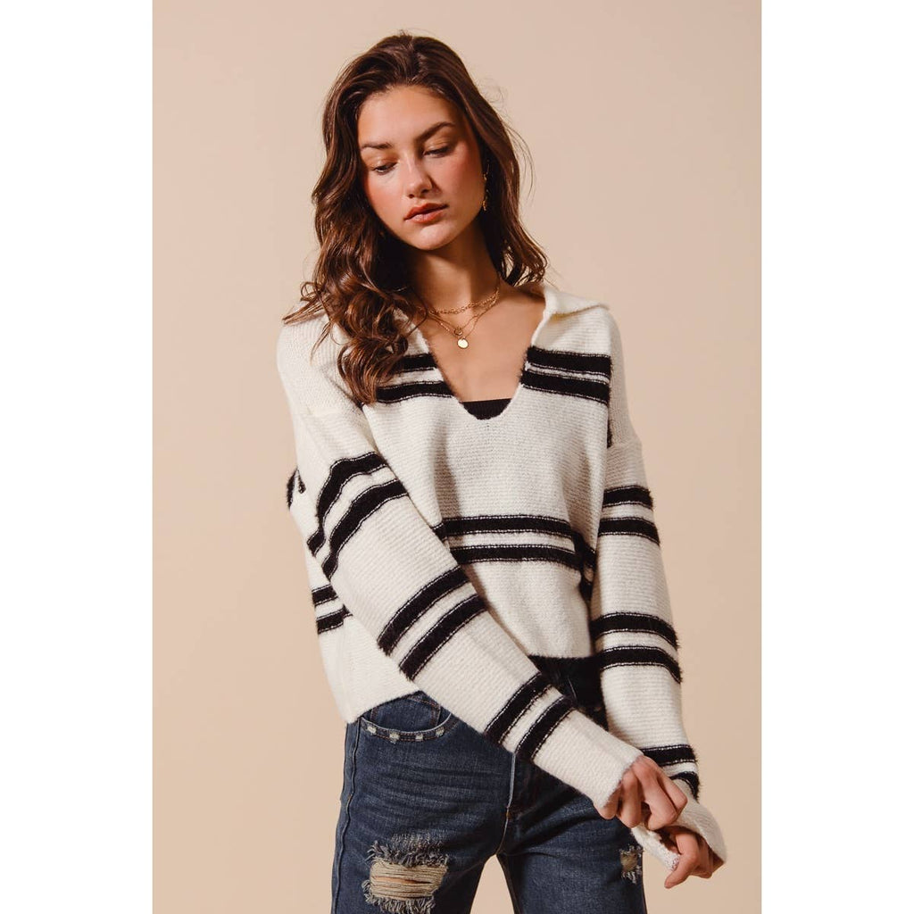 FUZZY HAIRY STRIPE DEEP U NECK SWEATER TOP