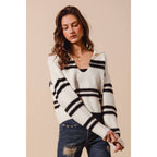 FUZZY HAIRY STRIPE DEEP U NECK SWEATER TOP