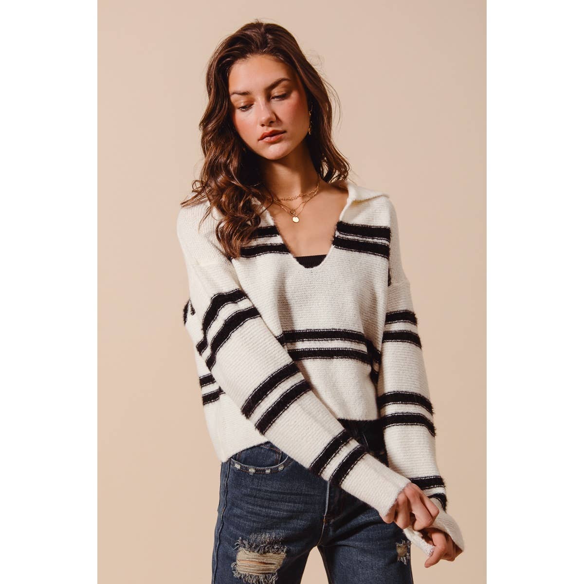 FUZZY HAIRY STRIPE DEEP U NECK SWEATER TOP