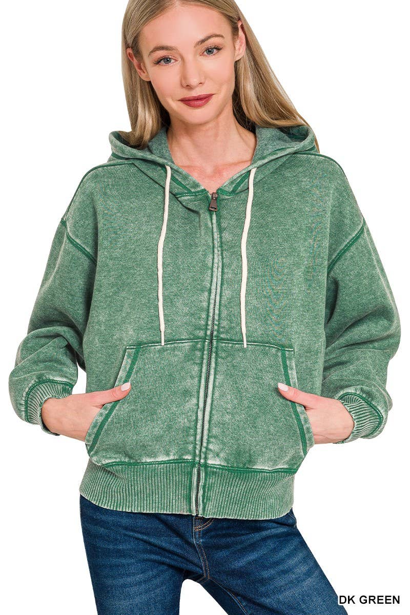 Acid Wash Fleece Cropped Zip-up Hoodie W Pockets