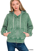 Acid Wash Fleece Cropped Zip-up Hoodie W Pockets