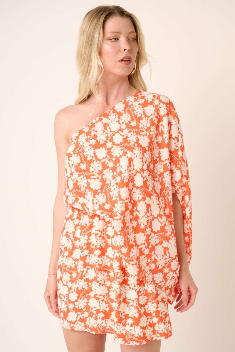 H42725A-FLOWER PRINT ONE SHOULDER MINI DRESS