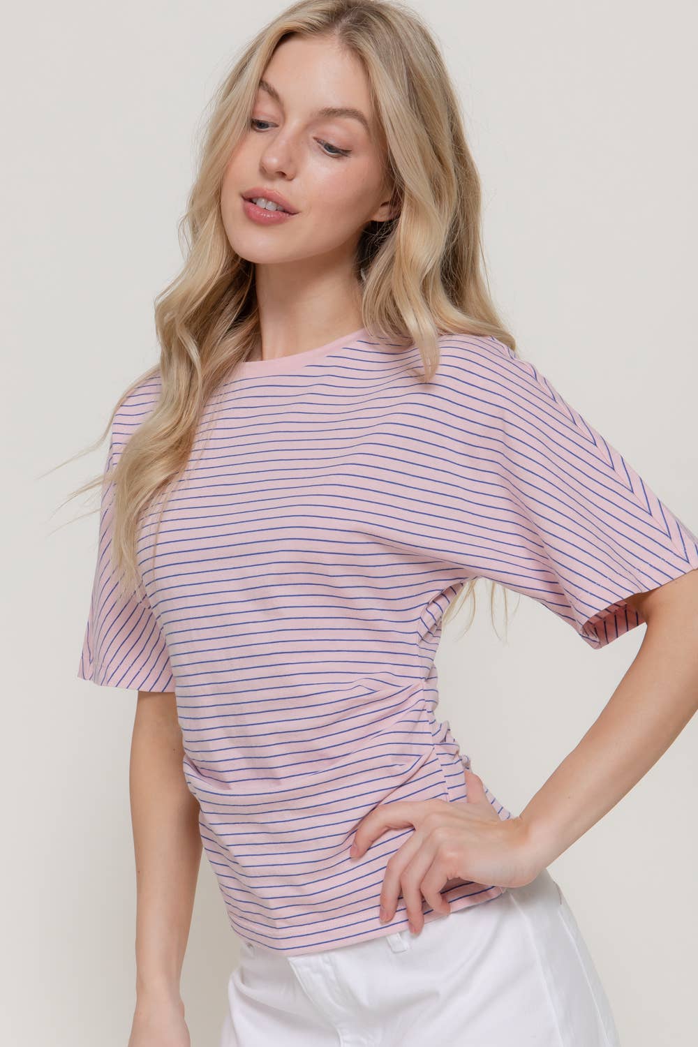 Short Dolman Sleeve Defined Silhouette Stripe Knit Top