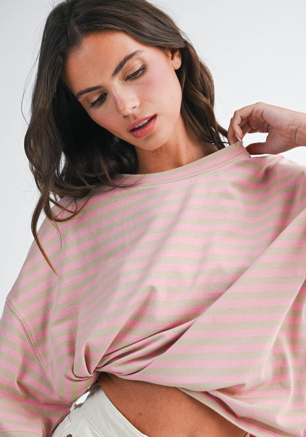 8645IN Mock Neck Yarn-Dyed Striped Oversized Long Sleeve Tee