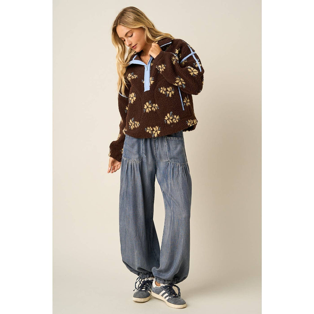 FLOWER PRINT HALF ZIP CONTRAST FLEECE SWEATSHIRT