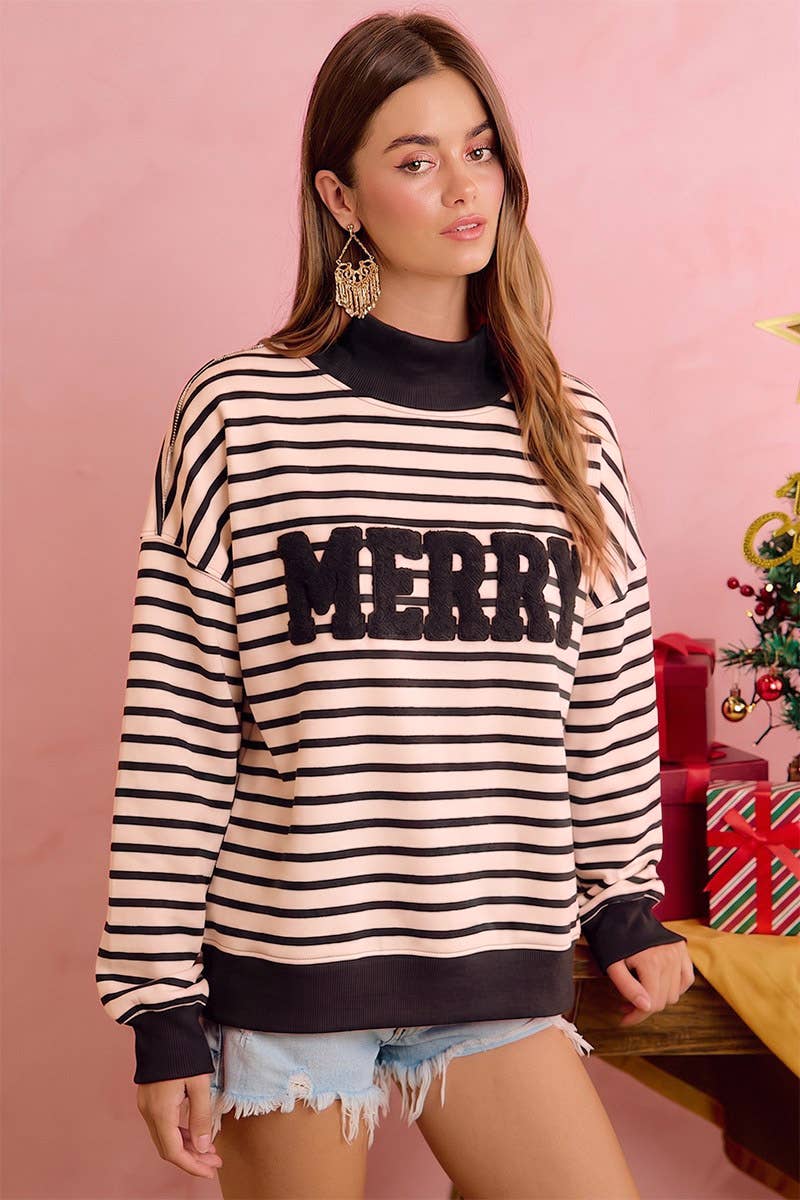 CHRISTMAS STRIPE AND MERRY PATCHWORK MOCK NECK TOP