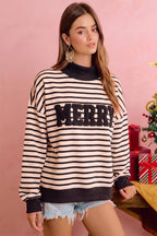 CHRISTMAS STRIPE AND MERRY PATCHWORK MOCK NECK TOP