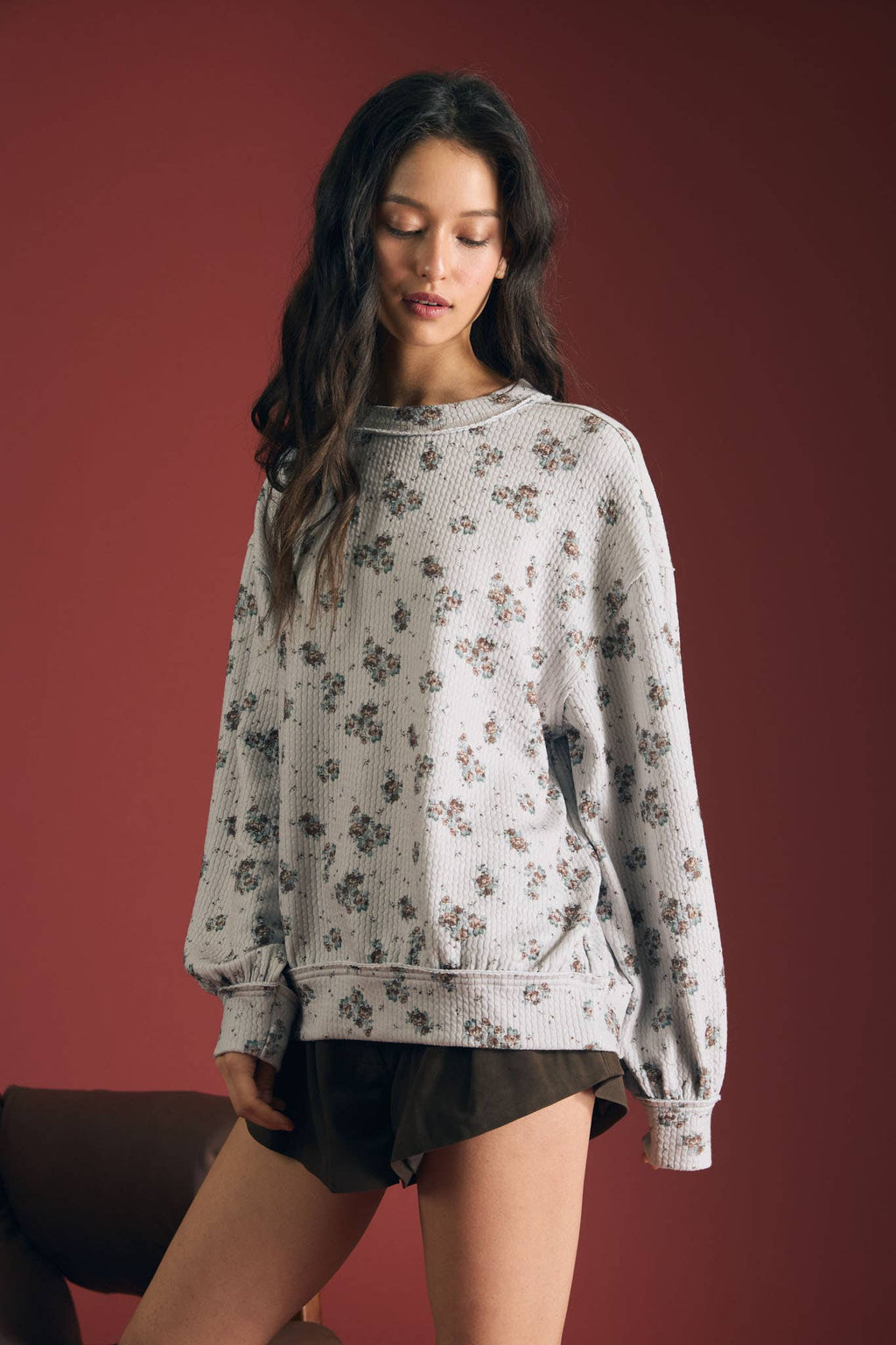 FLORAL DOT PRINT LONG SLEEVE TEXTURED KNIT TOP
