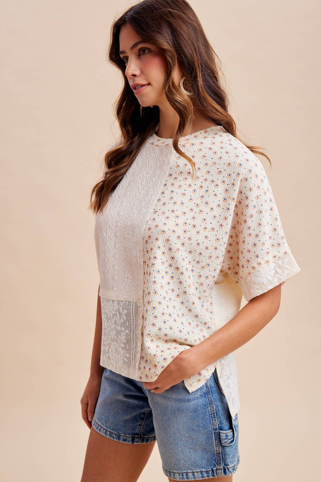 Mixed Media Flower Print Lace Trimmed Knit Top