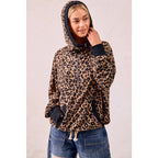 LEOPARD PRINT WAFFLE HALF ZIP UP HOODIE W POCKET