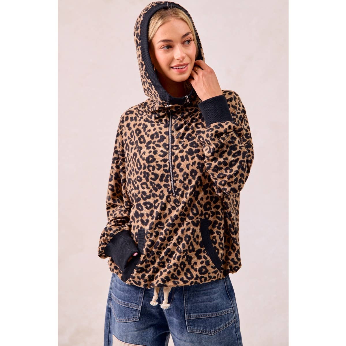 LEOPARD PRINT WAFFLE HALF ZIP UP HOODIE W POCKET