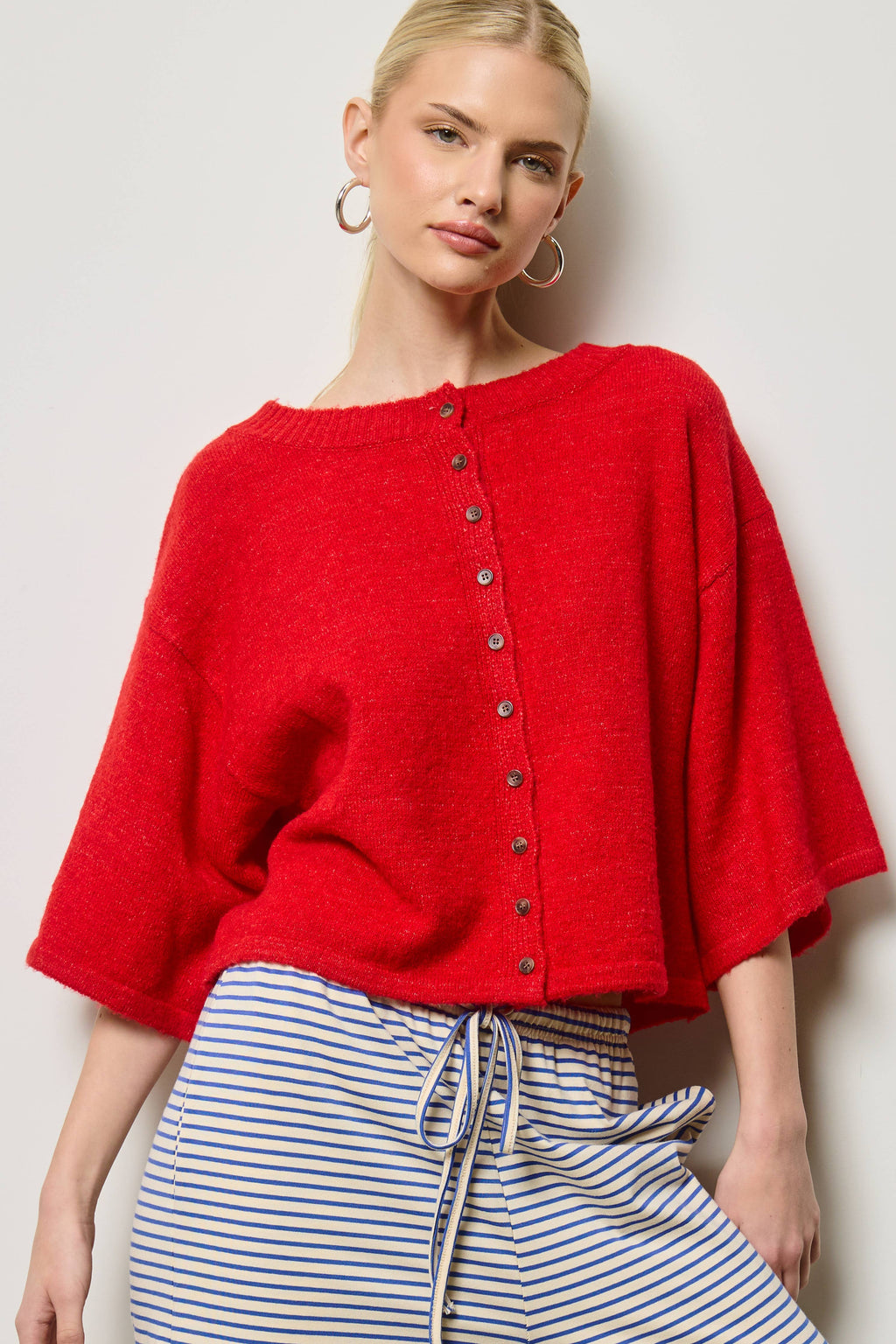 Wide Sleeve Button Front Knit Cardigan