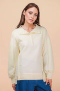 NT12365-Half Button Down Oversized Contrast Knit Top