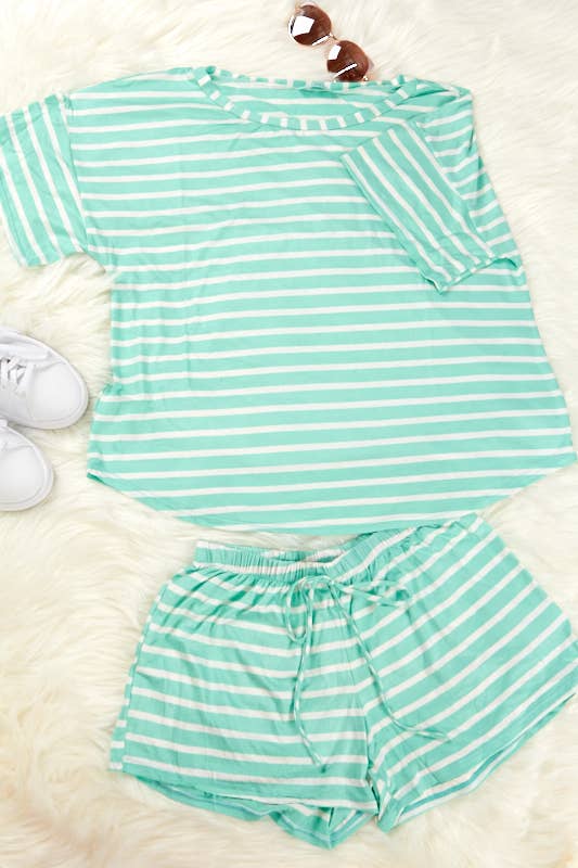 Rayon spandex stripe loose fit short and top set (P16433)