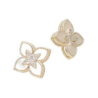 14K Gold Plated CZ Stone Paved Center Mother of Pearl Floral Clover Stud Earrings