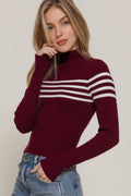 Rolled Mock Neck Stripe Sweater
