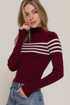 Rolled Mock Neck Stripe Sweater