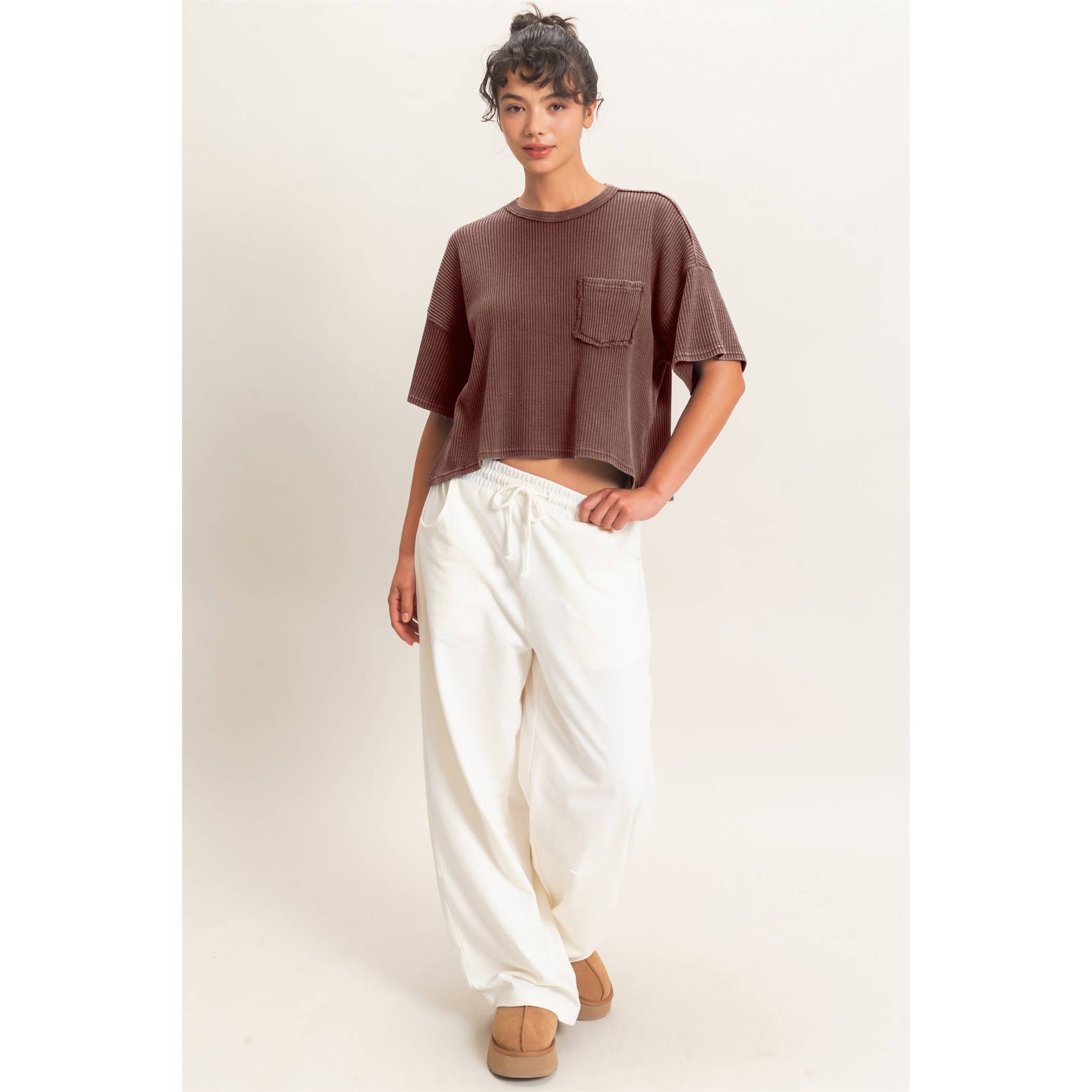 Mineral Wash Waffle Knit Pocket Top
