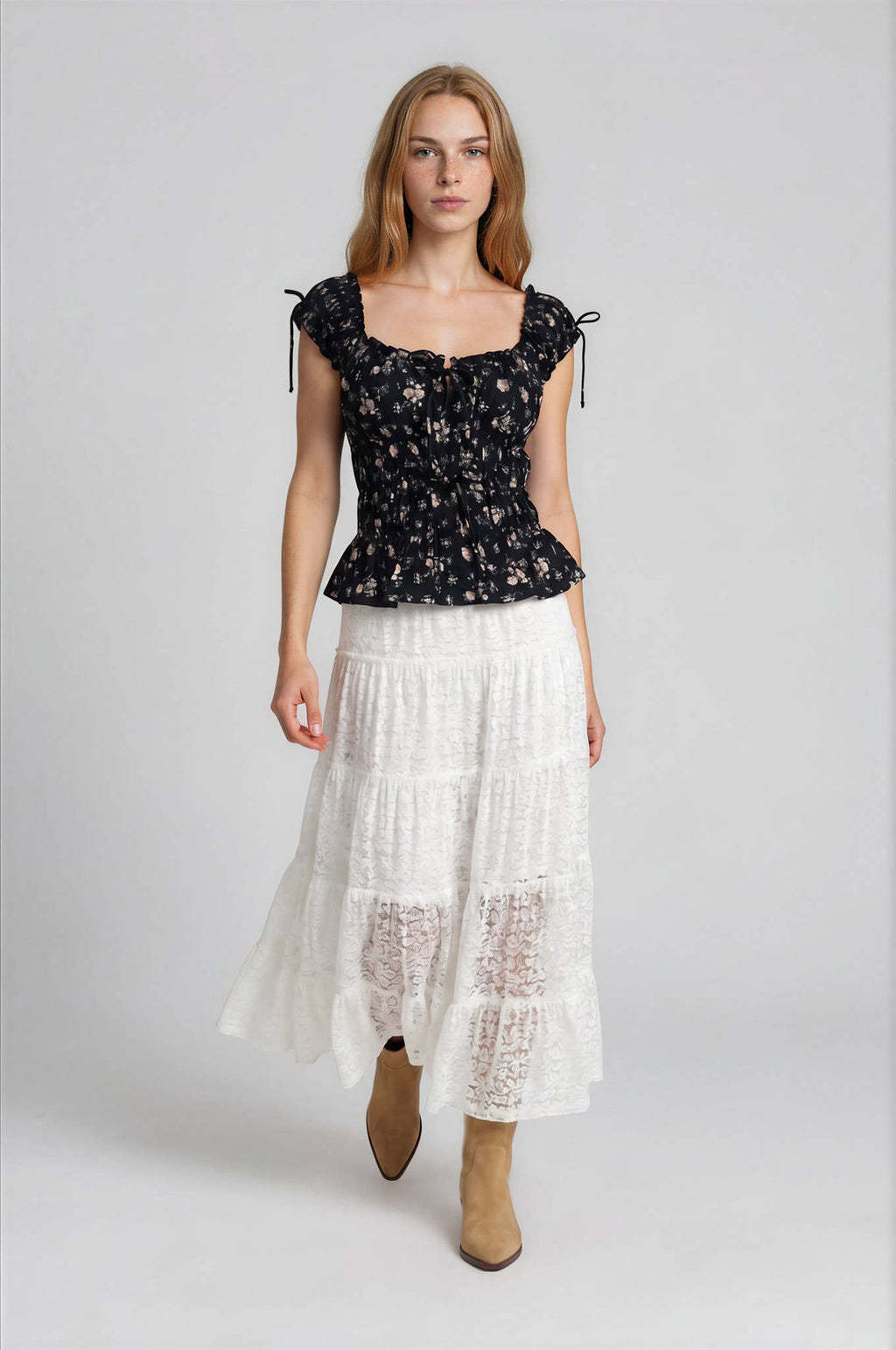 FLORAL FRONT TIE SHIRRED WAIST RUFFLED TOP