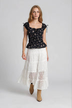 FLORAL FRONT TIE SHIRRED WAIST RUFFLED TOP