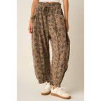 BLUE FLORAL PRINT SEAM DETAIL PULL ON BARREL PANTS
