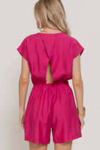 Short Sleeve Back Button Closure Detail Woven Romper