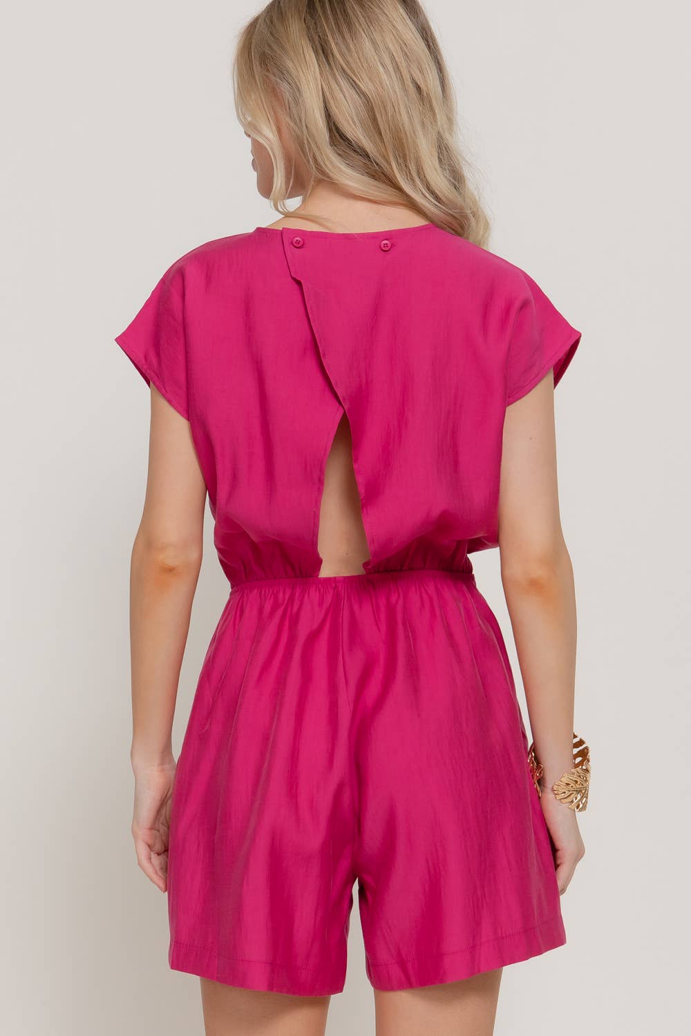 Short Sleeve Back Button Closure Detail Woven Romper