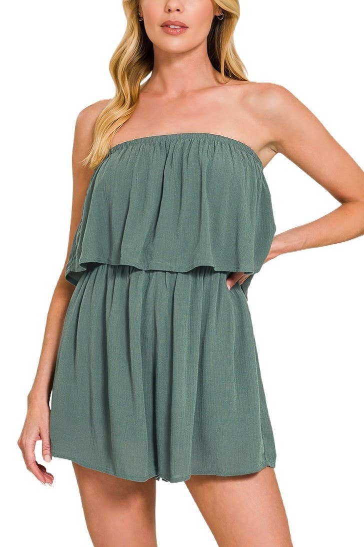Woven Crinkle Strapless Rompers