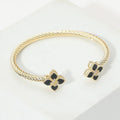 14K Gold Plated Two Tone CZ Center Floral Tip Twisted Cuff Bracelet