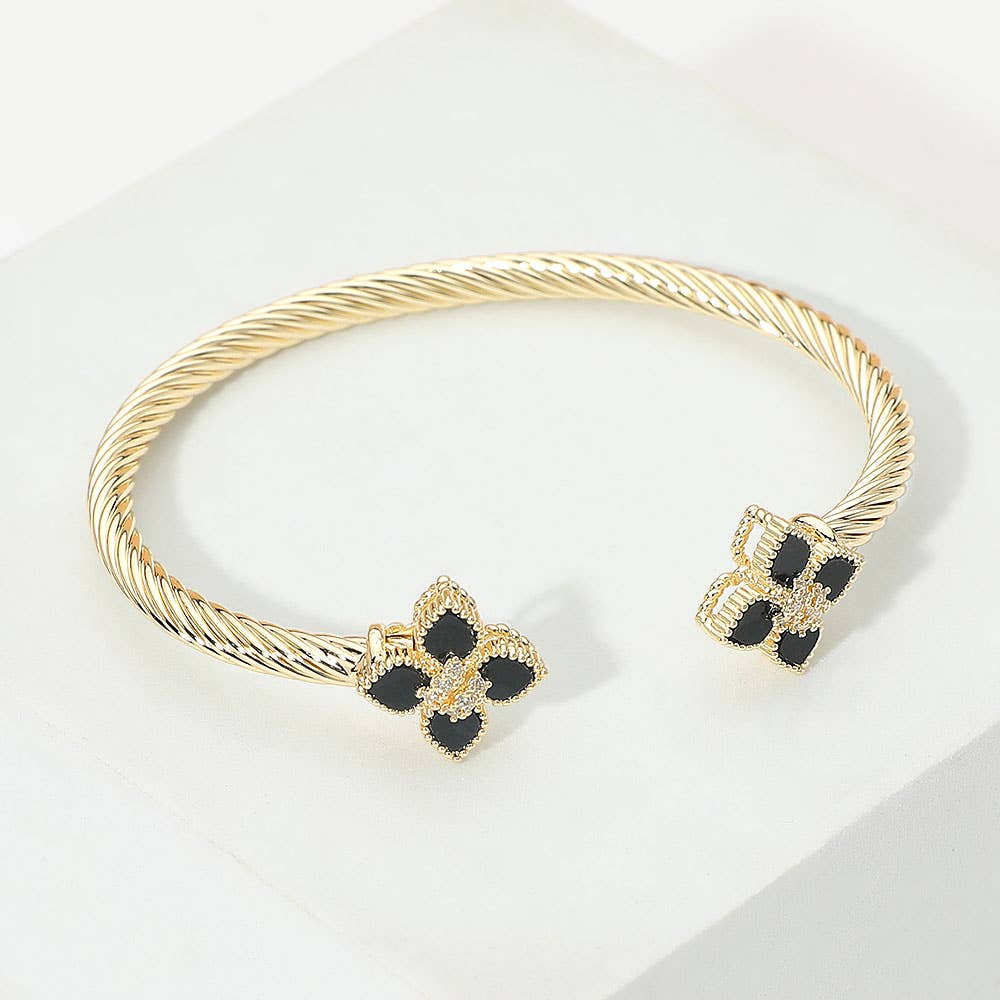 14K Gold Plated Two Tone CZ Center Floral Tip Twisted Cuff Bracelet