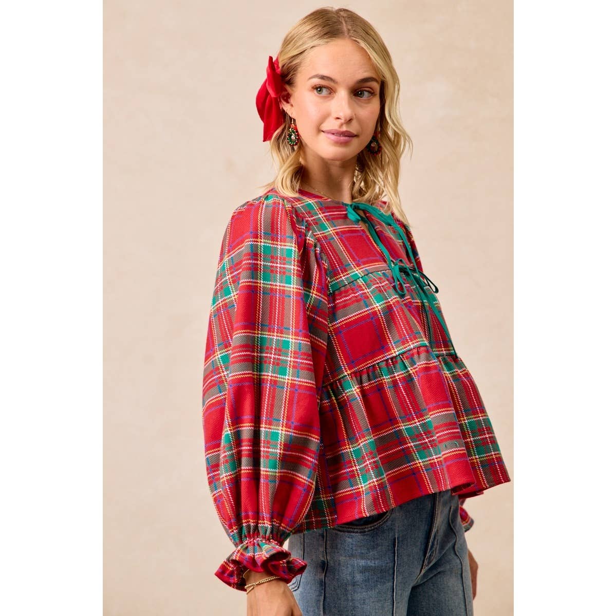 CHRISTMAS PLAID TOP WITH FRONT BOW TIED DETAILS