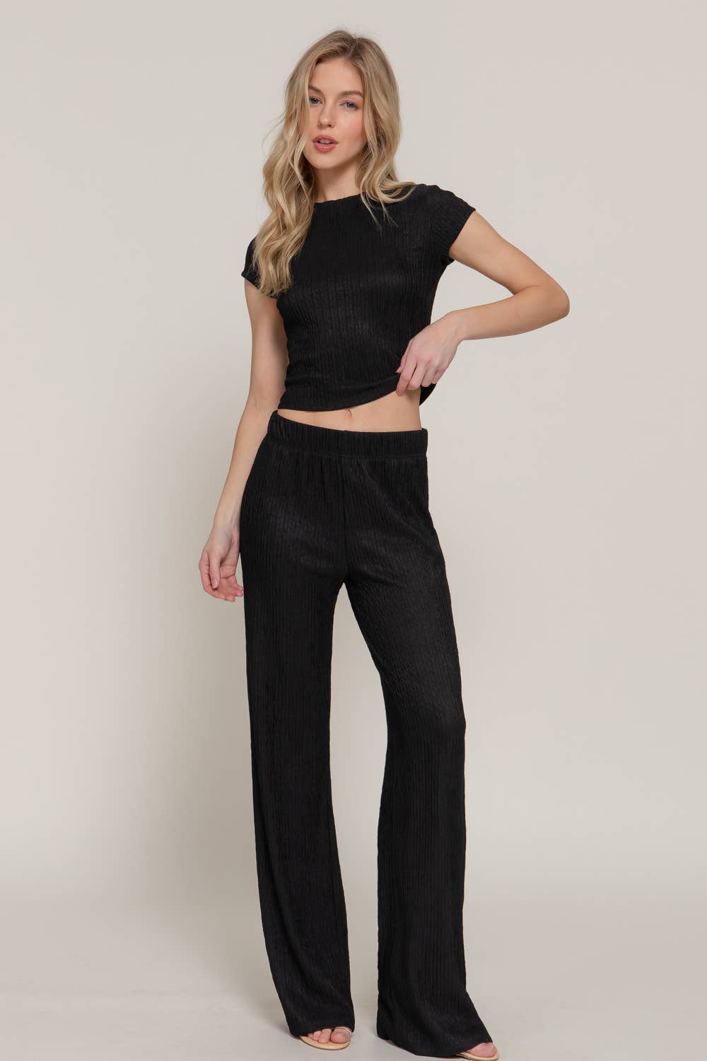 Short Sleeve Crew Neck Top & Waist Band Flare Pants Set