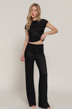 Short Sleeve Crew Neck Top & Waist Band Flare Pants Set